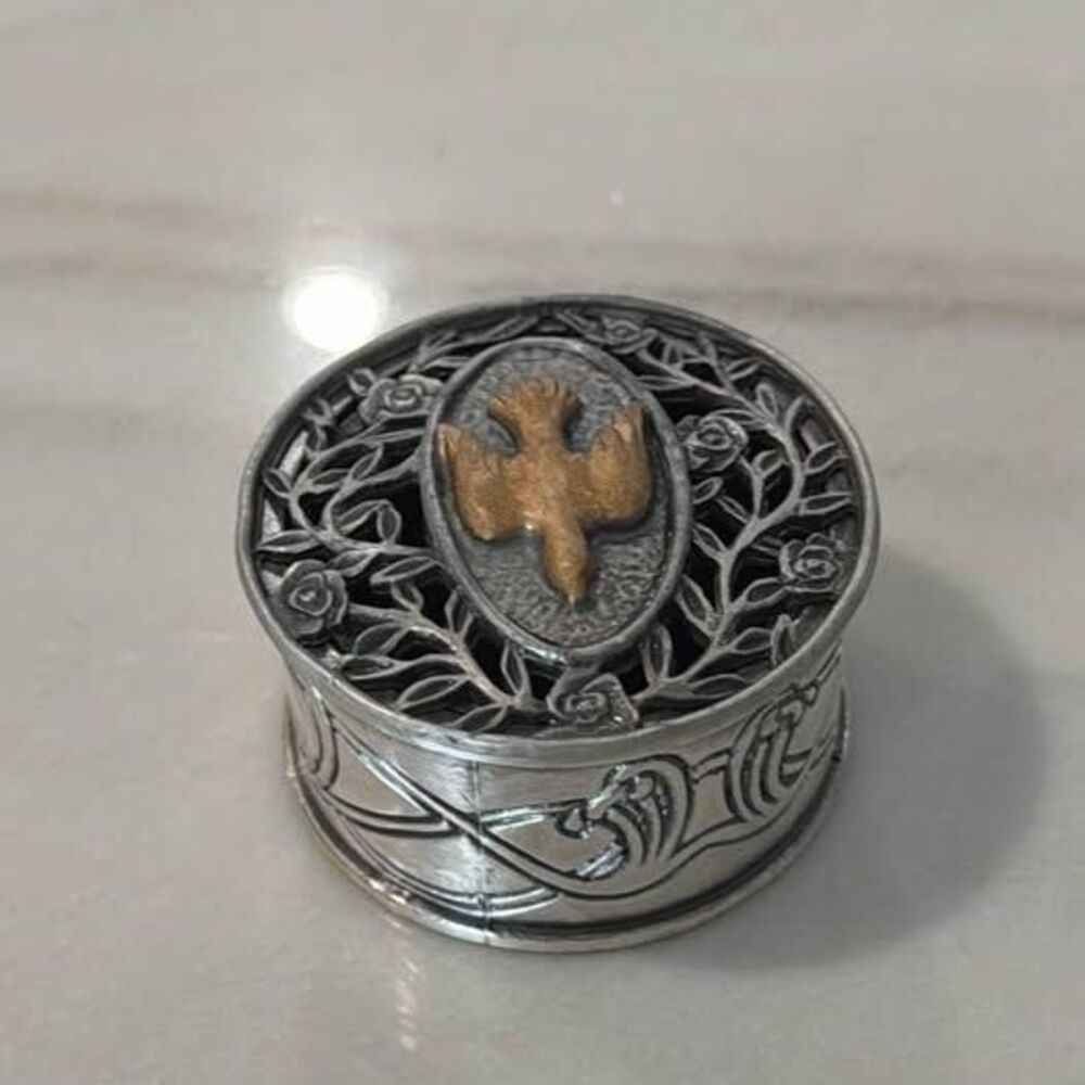 Vintage Silver-Tone Pewter Metal Catholic Trinket Box with Gold-Tone Dove
